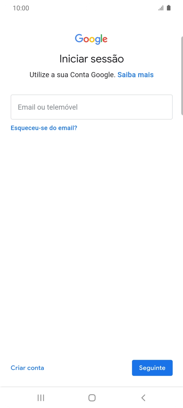 Se não tiver uma conta Google, prima Criar conta e siga as indicações no ecrã para criar uma conta.