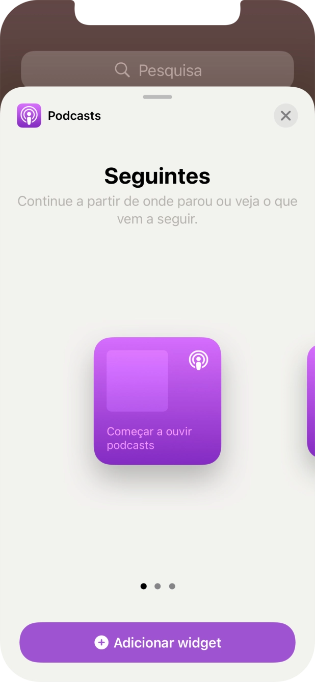 Para escolher a dimensão pretendida para o widget, deslize o dedo para a direita ou para a esquerda sobre o ecrã.
