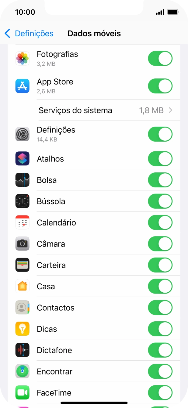 Prima o indicador junto das aplicações pretendidas para ativar ou desativar a função.