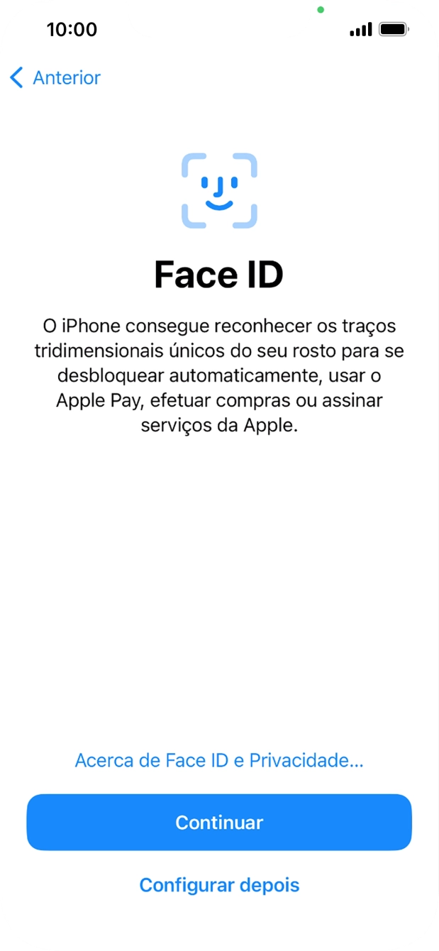 Siga as indicações no ecrã para ativar a utilização do Touch ID ou prima Configurar depois.