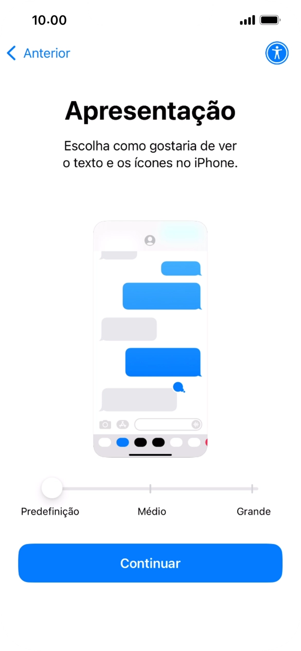 Escolha o tamanho pretendido para o texto e ícones no telefone e prima Continuar.