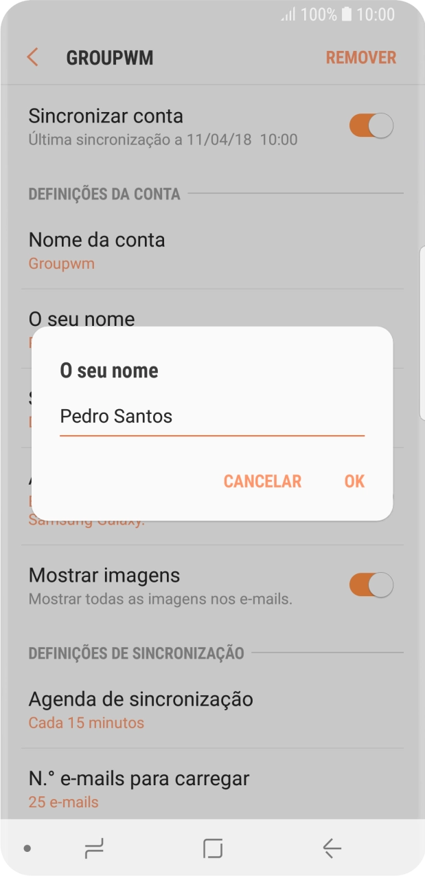 Introduza o nome de remetente e prima OK.
