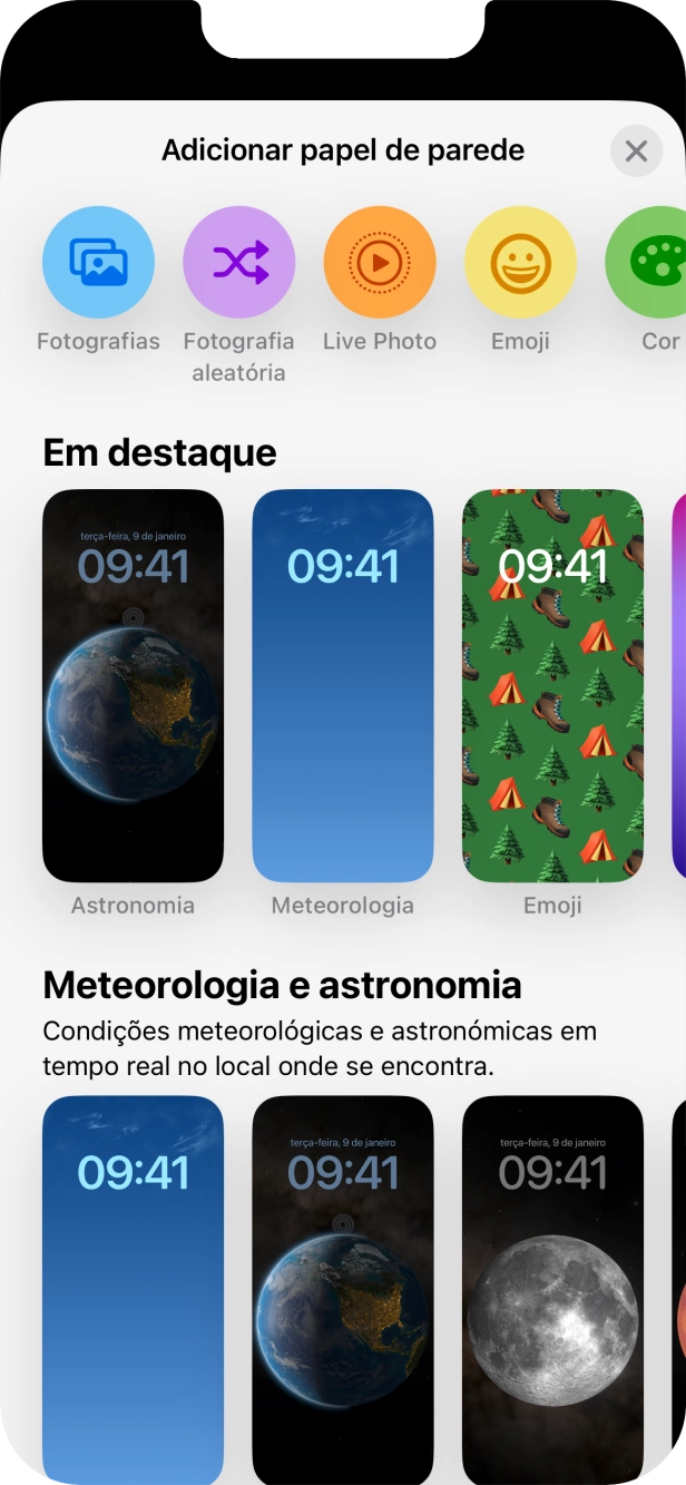 Prima a categoria pretendida e siga as indicações no ecrã para escolher a imagem de fundo pretendida.