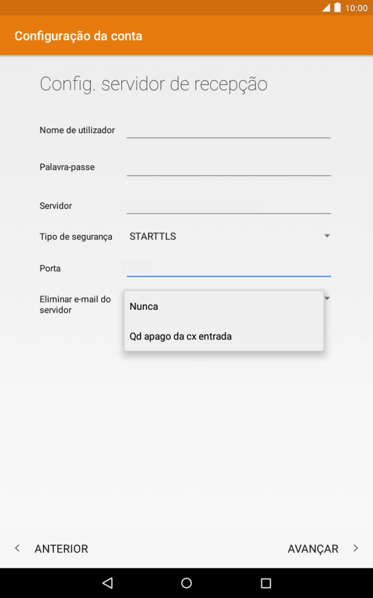 Prima Nunca para manter os e-mails no servidor quando estes são apagados no tablet.