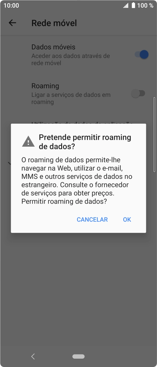 Para ativar o roaming de dados, prima OK.