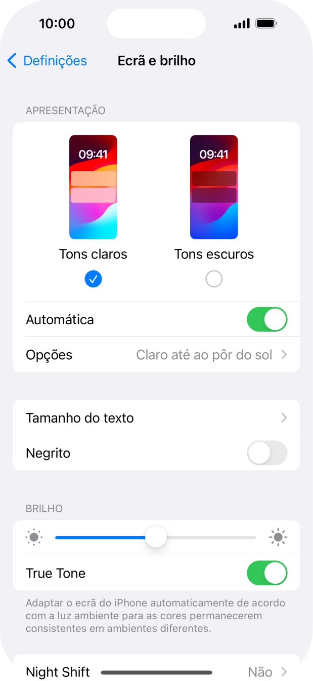 Quando ativar a função, prima Opções e siga as indicações no ecrã para escolher o período pretendido para o Modo Escuro.