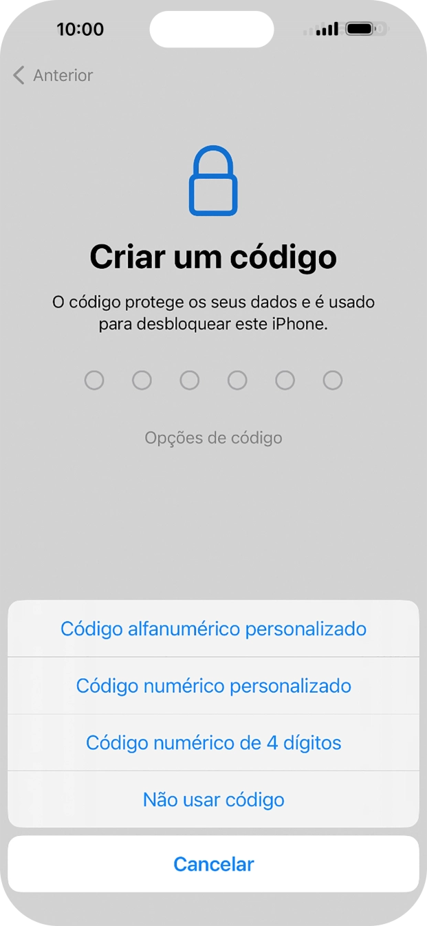 Siga as indicações no ecrã para ativar a utilização do código de bloqueio do telefone ou prima Não usar código.