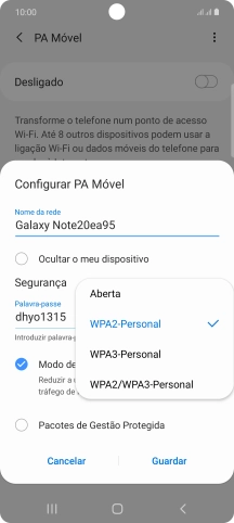 Prima WPA2-Personal para proteger o hotspot Wi-Fi com uma password.