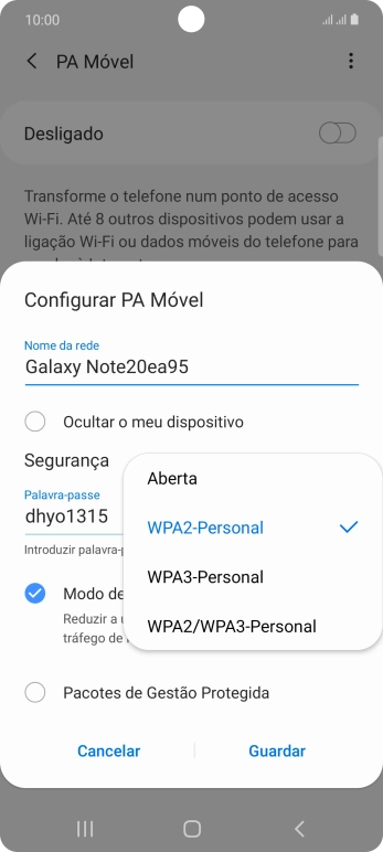Prima WPA2-Personal para proteger o hotspot Wi-Fi com uma password.