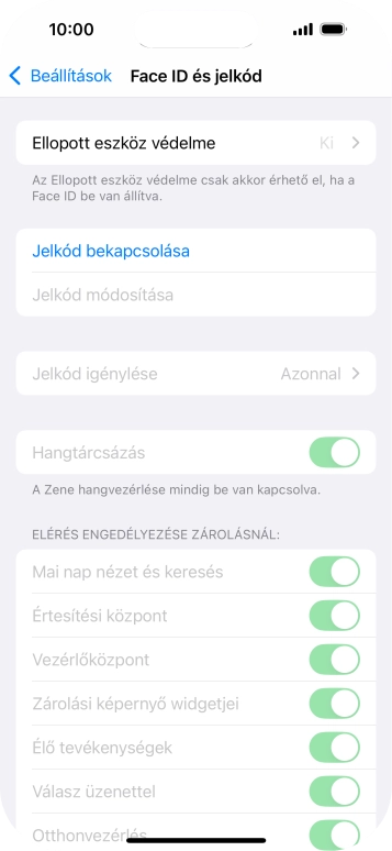 Válaszd a Jelkód bekapcsolása lehetőséget, és írj be kétszer egymás után egy tetszőleges képernyőzárkódot.