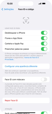 Prima os indicadores junto às definições pretendidas para as ativar ou desativar.