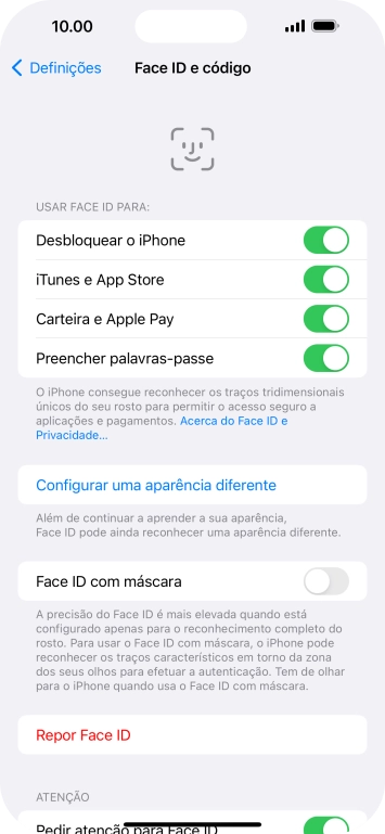 Prima os indicadores junto às definições pretendidas para as ativar ou desativar.