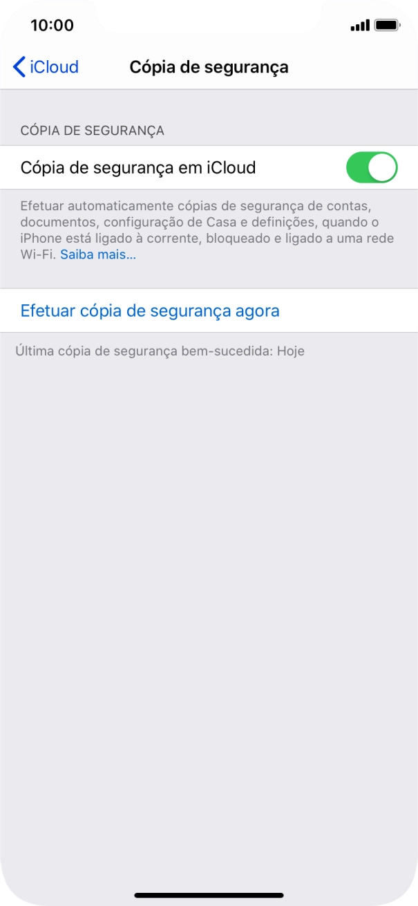 Prima Efetuar cópia de segurança agora e aguarde enquanto é efetuada a cópia de segurança do conteúdo da memória do telefone.
