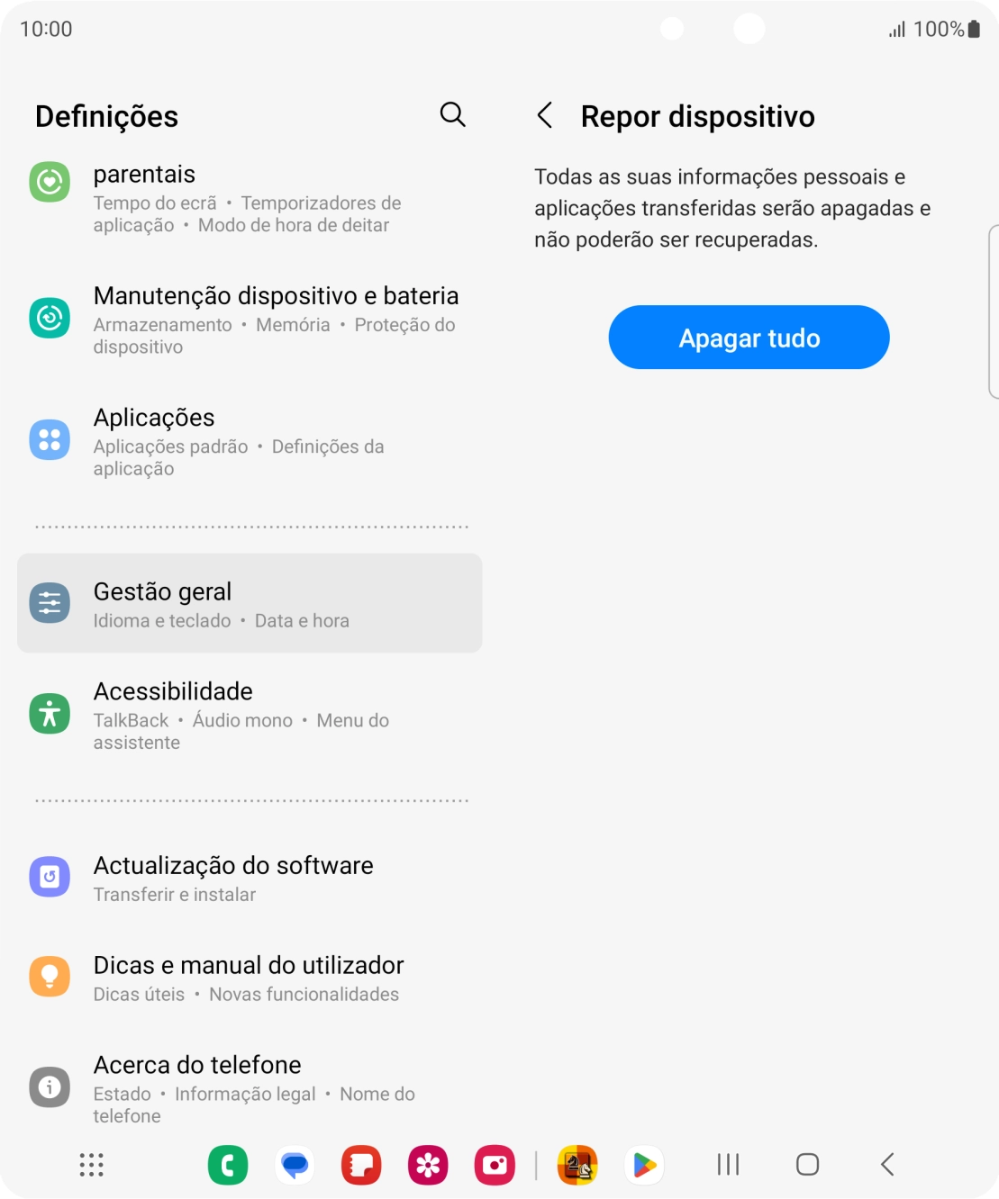 Prima Apagar tudo. Aguarde um momento enquanto o telefone restabelece as definições originais. Siga as indicações no ecrã para configurar o telefone de modo que este fique pronto a ser utilizado.