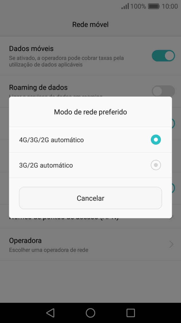 Prima o tipo de rede pretendido.