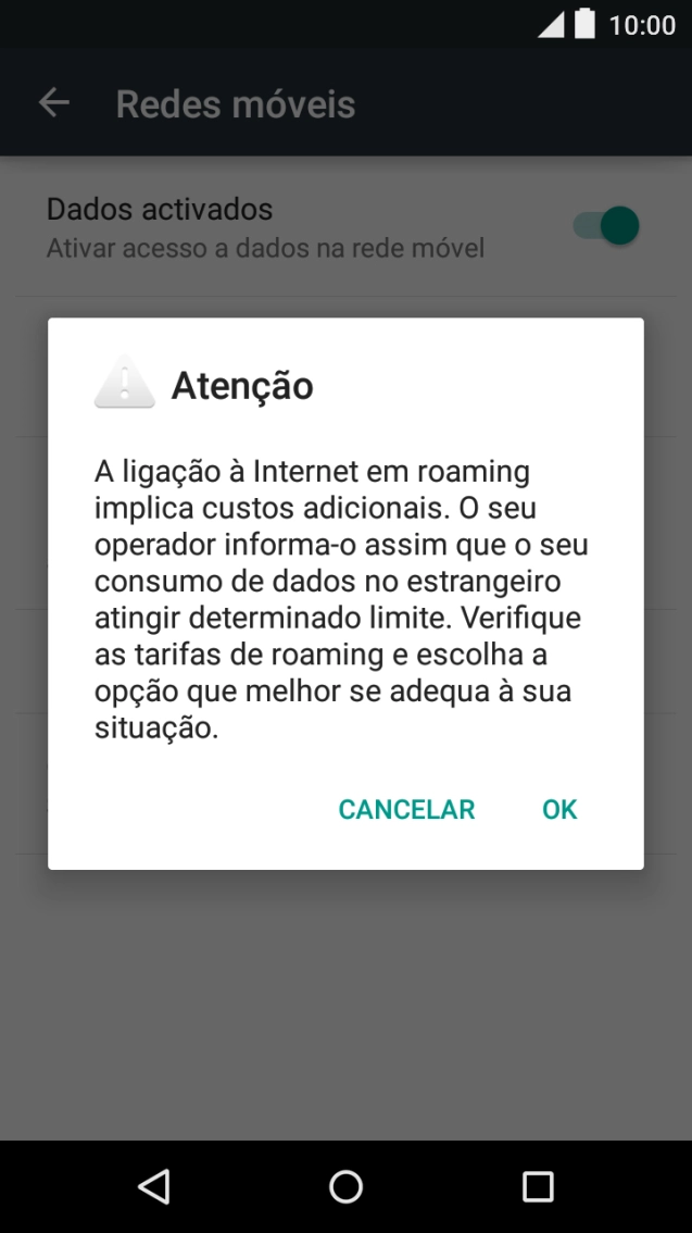 Se pretende ativar o roaming de dados, prima OK.