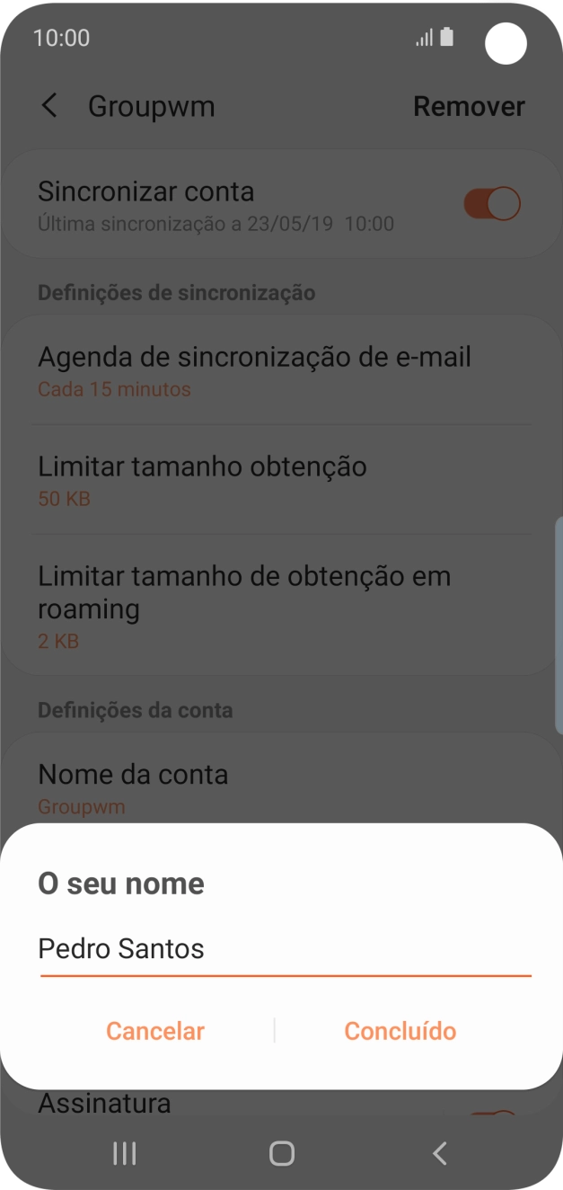 Introduza o nome de remetente e prima Concluído.
