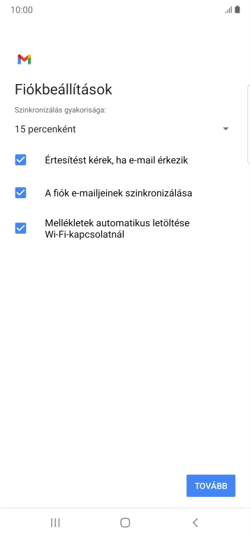 Amennyiben a kijelzőn ez a képernyőkép látható, az e-mail-fiókodat felismerte a rendszer, és automatikusan beállította. Kövesd a képernyőn megjelenő utasításokat  további adatok csatolásához, és fejezd be az új fiók létrehozását.