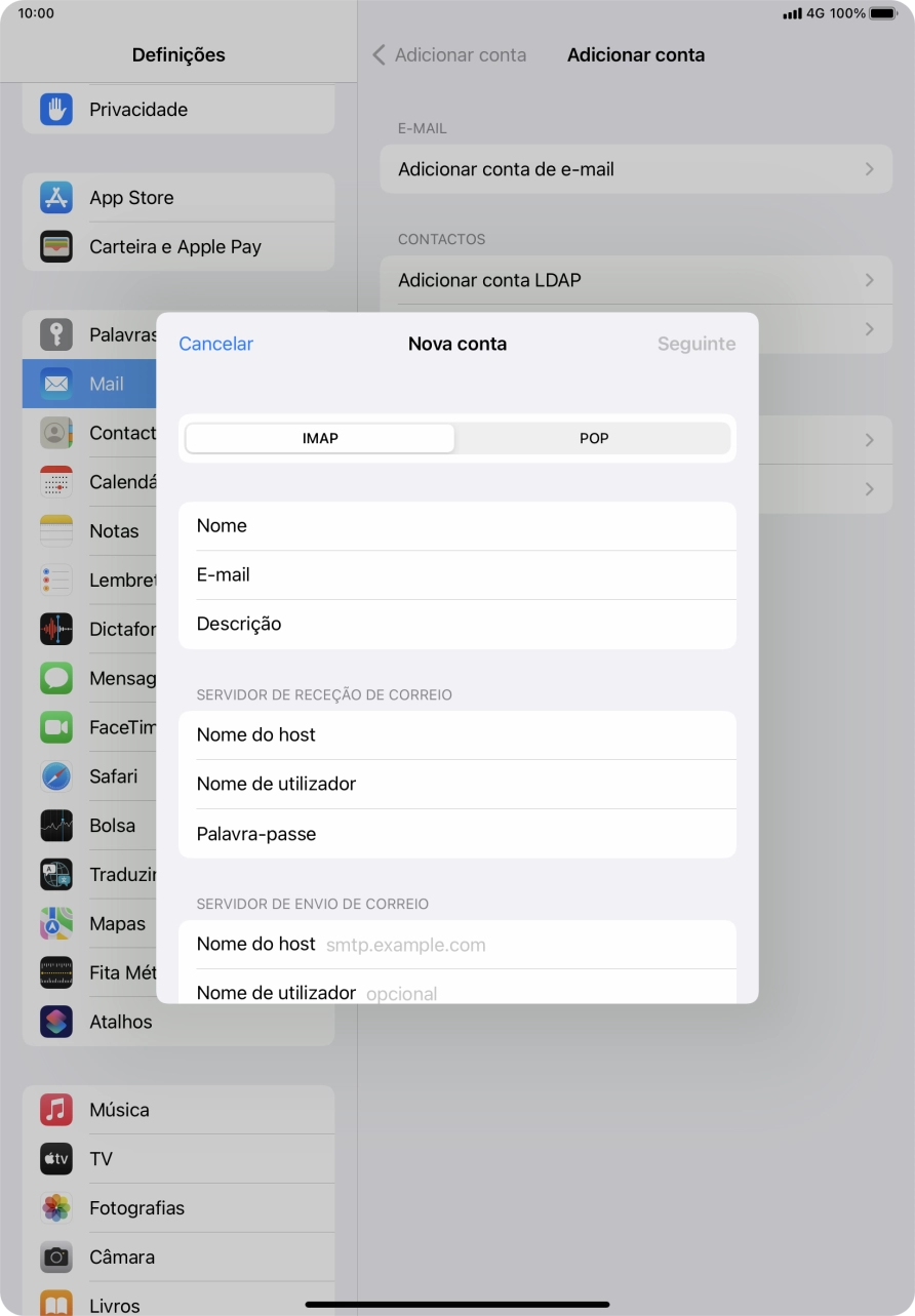 Prima Nome do host e introduza o nome do servidor de envio do fornecedor de e-mail.
