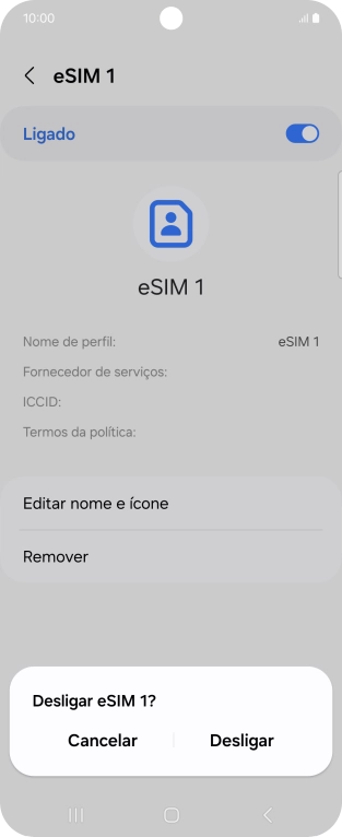 Para desativar o cartão SIM, prima Desligar.