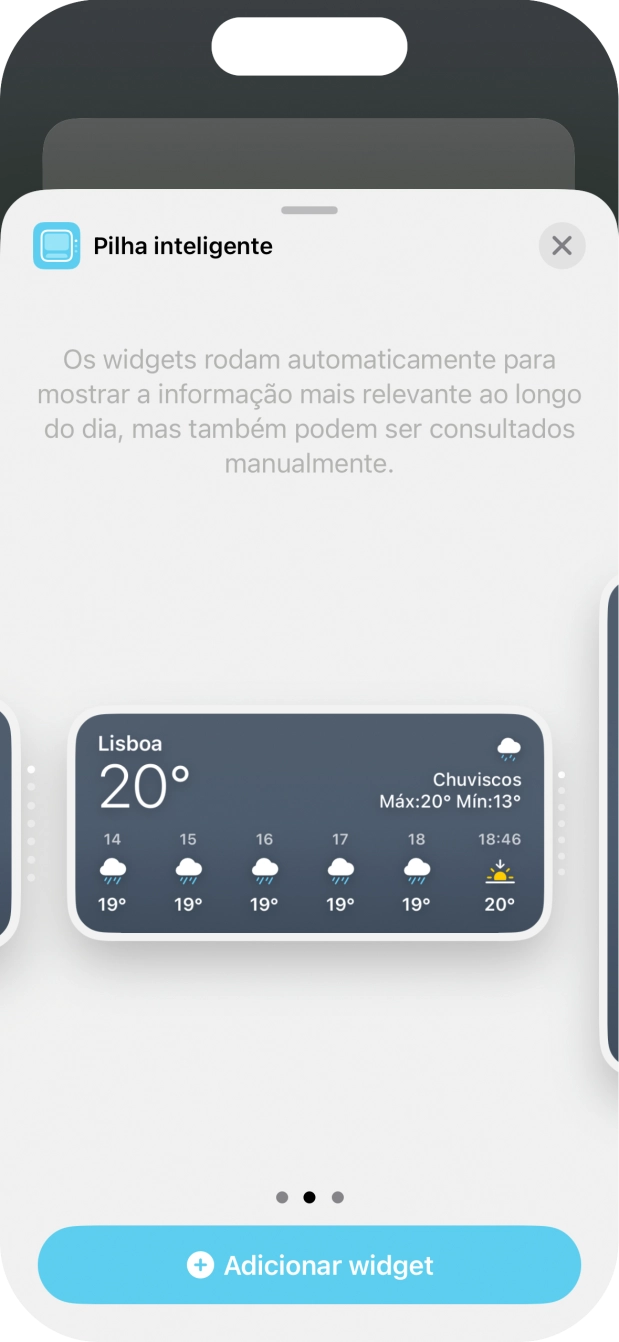 Para escolher a dimensão pretendida para o widget, deslize o dedo para a direita ou para a esquerda sobre o ecrã.