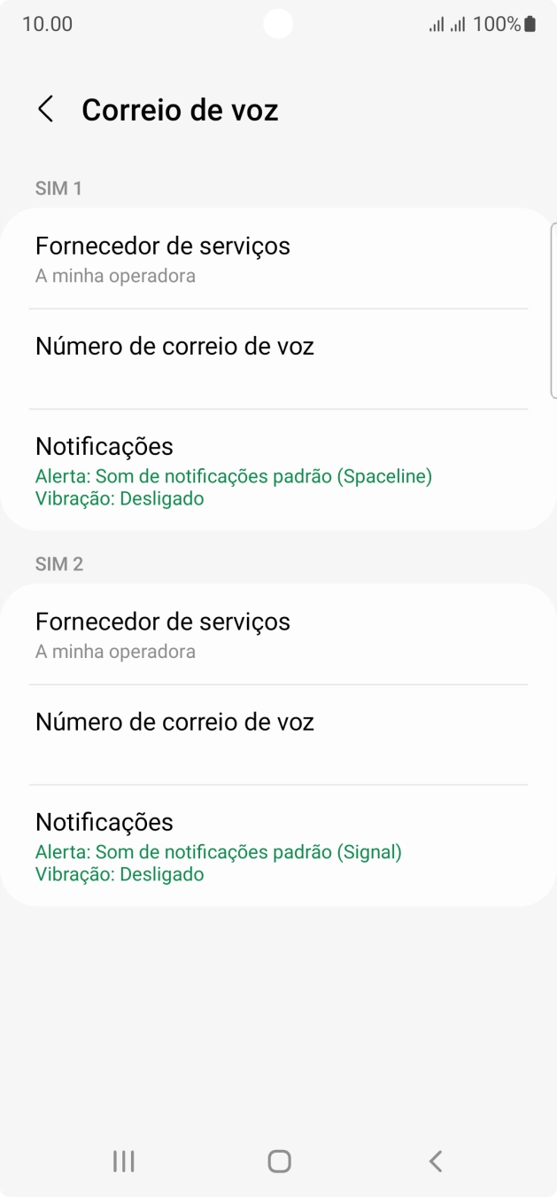 Prima Número de correio de voz sob o cartão SIM pretendido.
