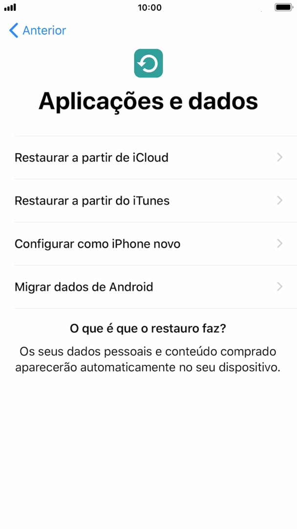 É possível restaurar conteúdo a partir de uma cópia de segurança em iCloud, quando o telefone for ativado antes da primeira utilização e quando o telefone tiver sido reiniciado. Quando esta imagem for mostrada no ecrã, o telefone está pronto para restaurar conteúdo a partir de uma cópia de segurança em iCloud.