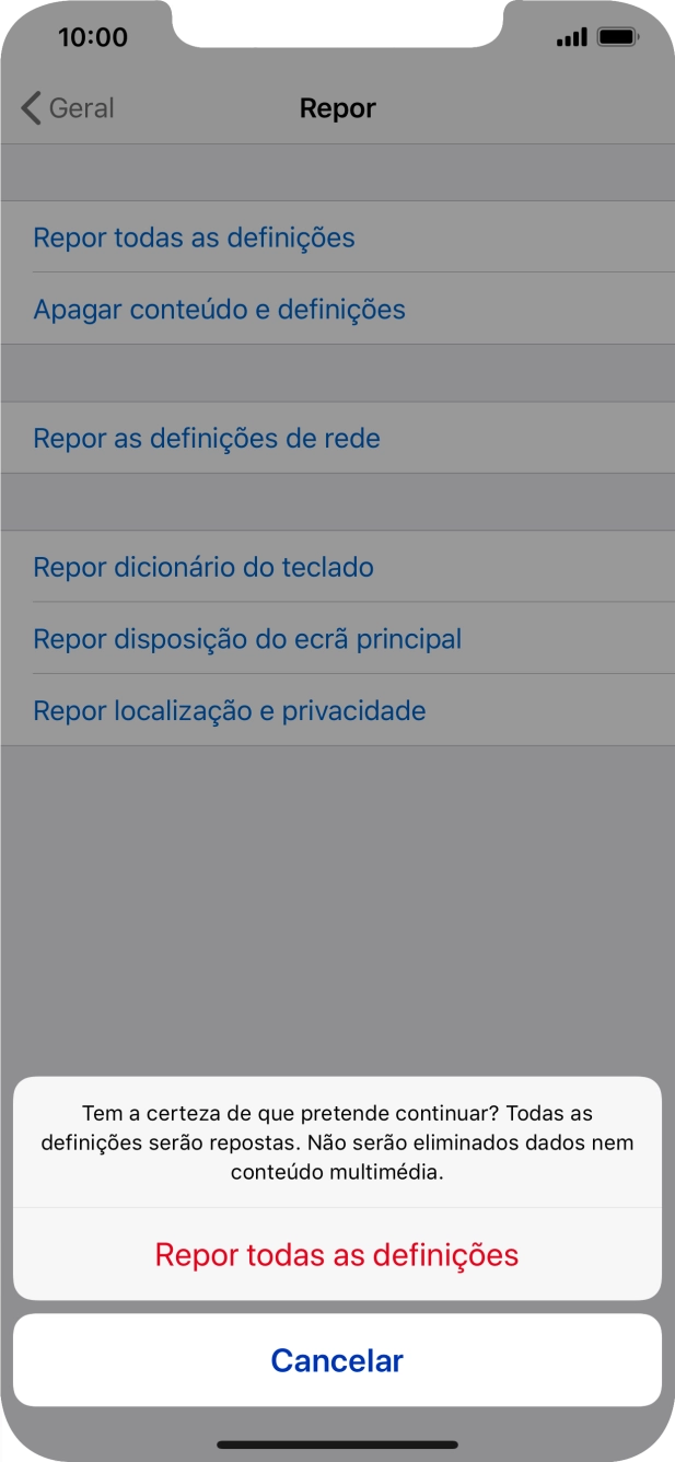 Prima Repor todas as definições. Aguarde um momento enquanto o telefone restabelece as definições originais. Siga as indicações no ecrã para configurar o telefone de modo que este fique pronto a ser utilizado.
