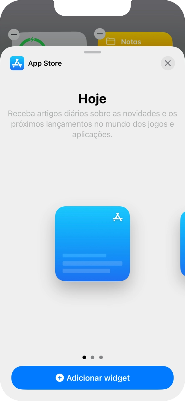 Para escolher a dimensão pretendida para o widget, deslize o dedo para a direita ou para a esquerda sobre o ecrã.