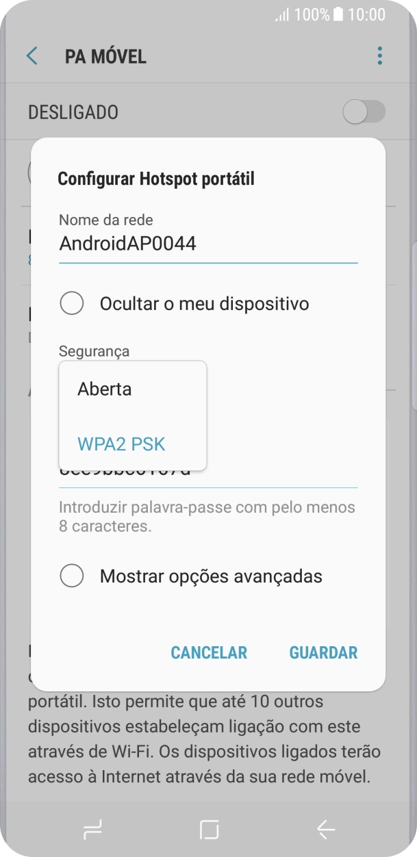 Prima WPA2 PSK para proteger o hotspot Wi-Fi com uma password.