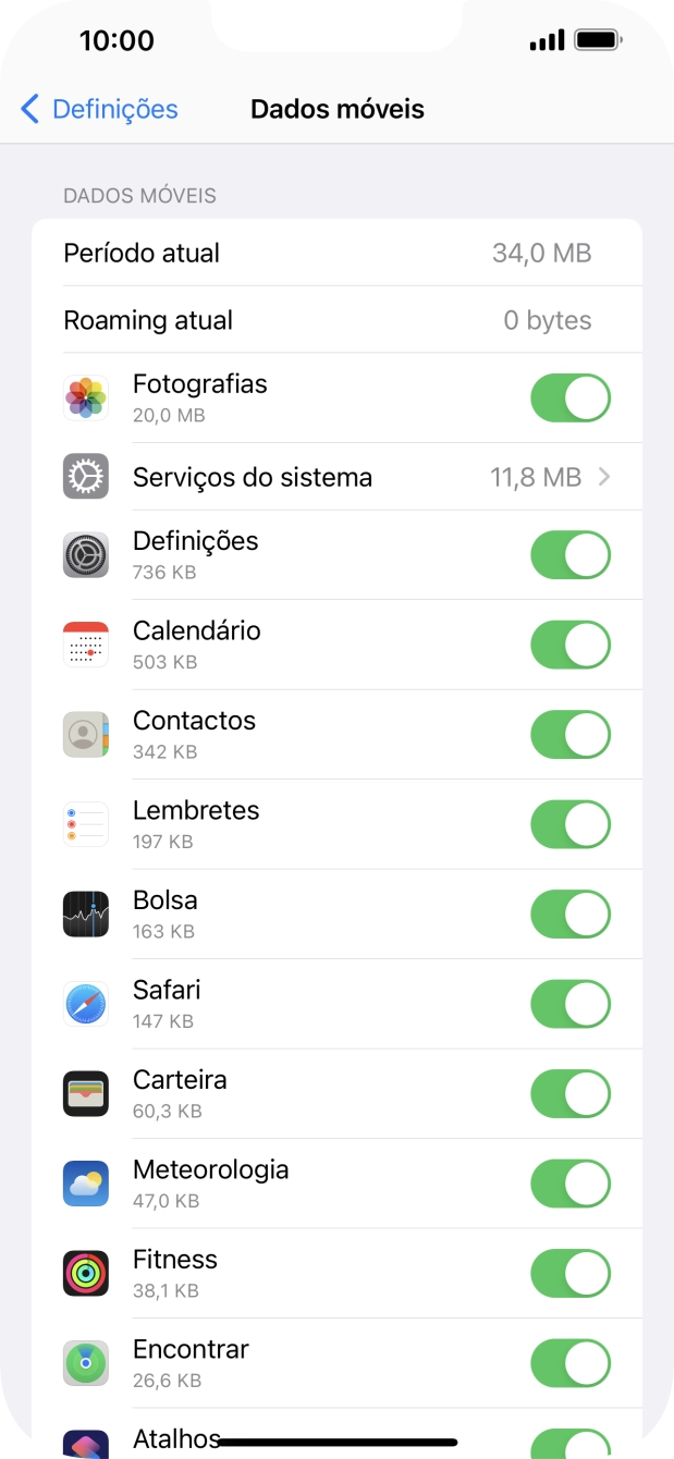 Prima o indicador junto das aplicações pretendidas para ativar ou desativar a função.