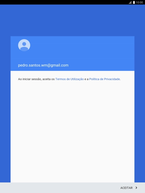 Prima ACEITAR e siga as indicações no ecrã para escolher as definições da conta Google.