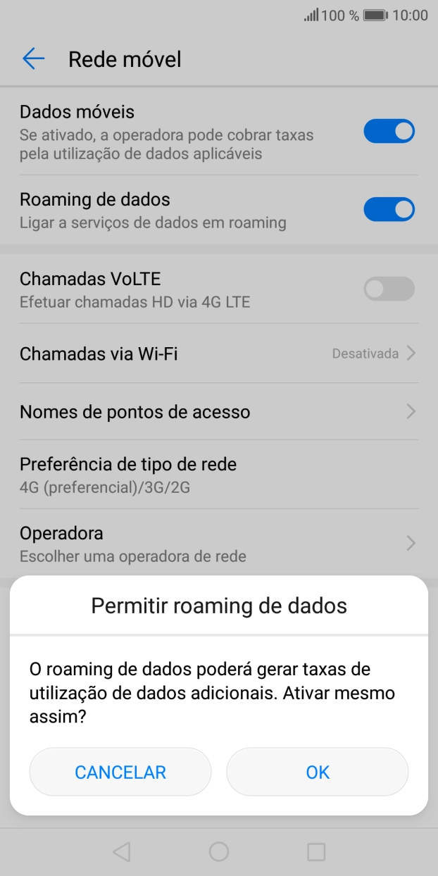 Para ativar o roaming de dados, prima OK.