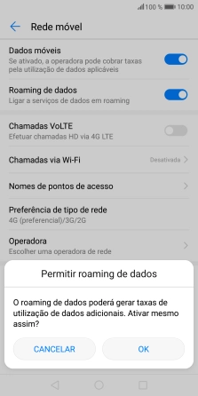 Para ativar o roaming de dados, prima OK.
