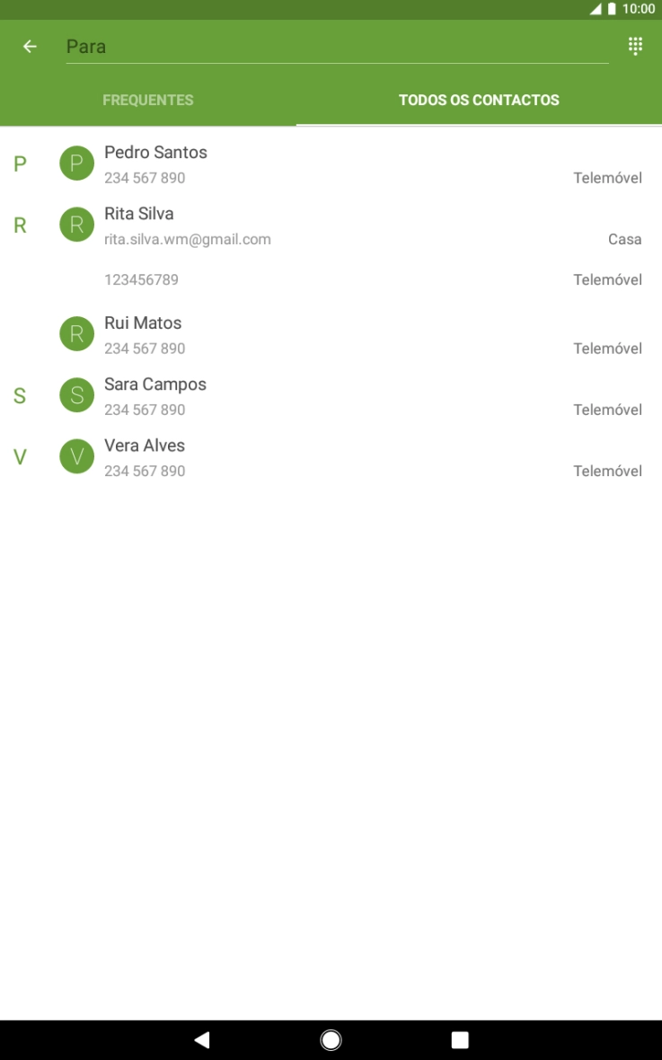 Prima a caixa de pesquisa e introduza as primeiras letras do nome do destinatário.