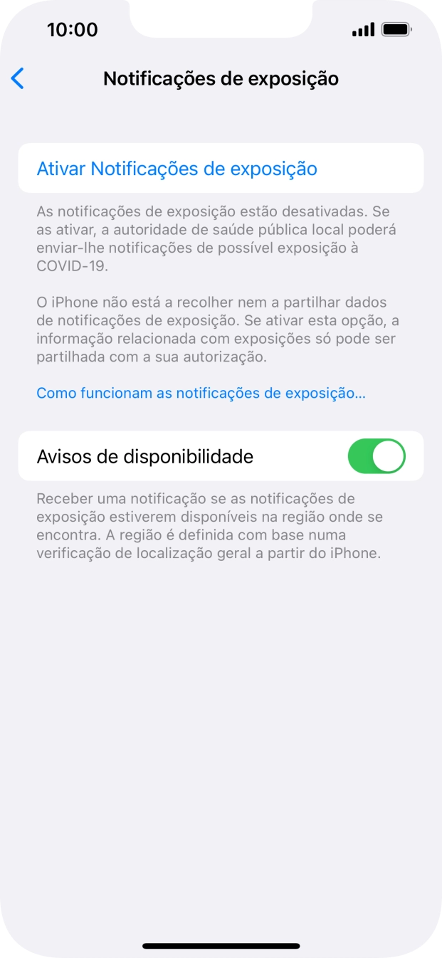 Prima Ativar Notificações de exposição.