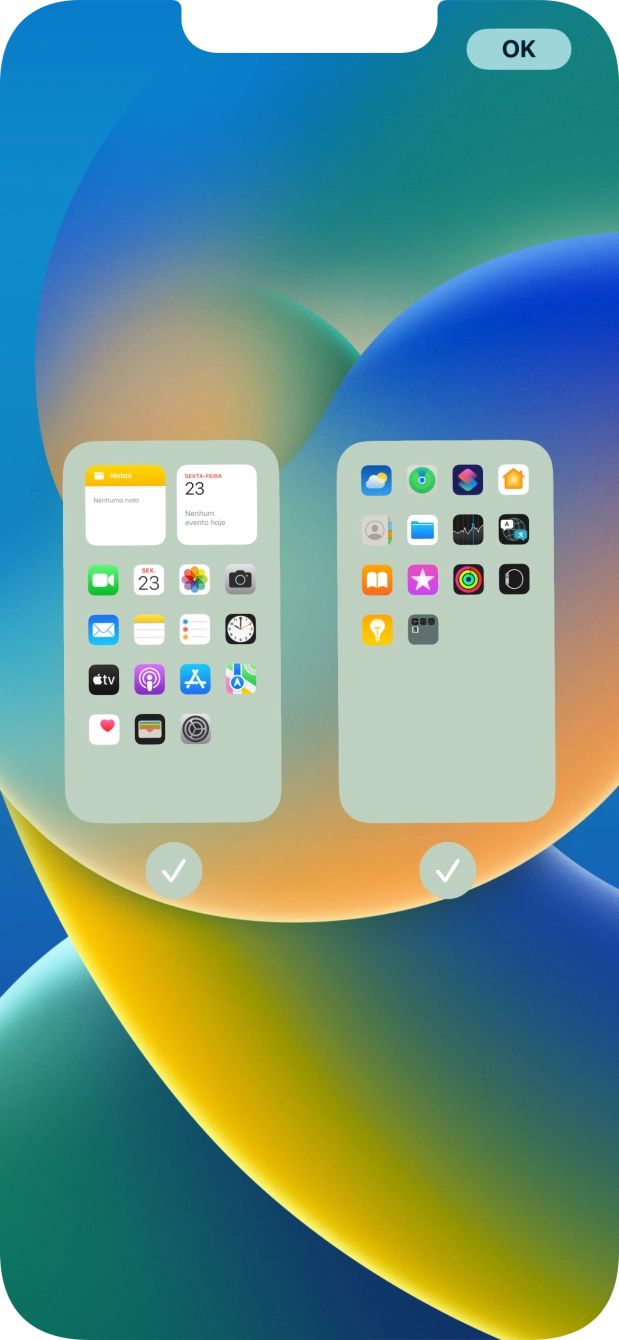 Prima os campos sob as páginas do ecrã inicial pretendidas, para ativar ou desativar a exibição de páginas.