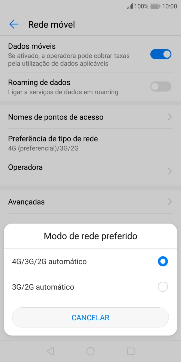 Prima o tipo de rede pretendido.