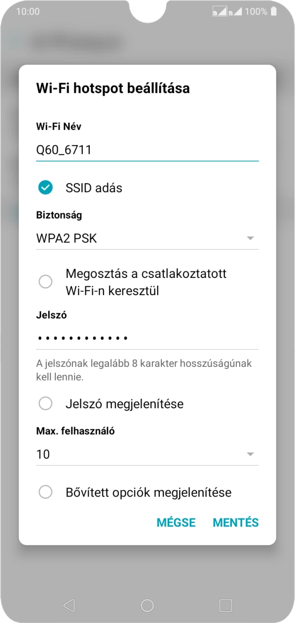 Kattints a „Wi-Fi Név” alatti mezőre, és írd be a Wi-Fi hotspot kívánt nevét.