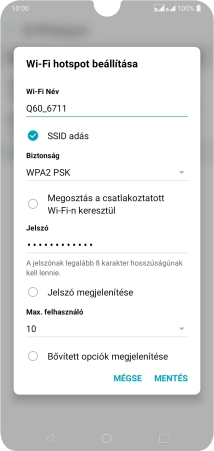 Kattints a „Wi-Fi Név” alatti mezőre, és írd be a Wi-Fi hotspot kívánt nevét.