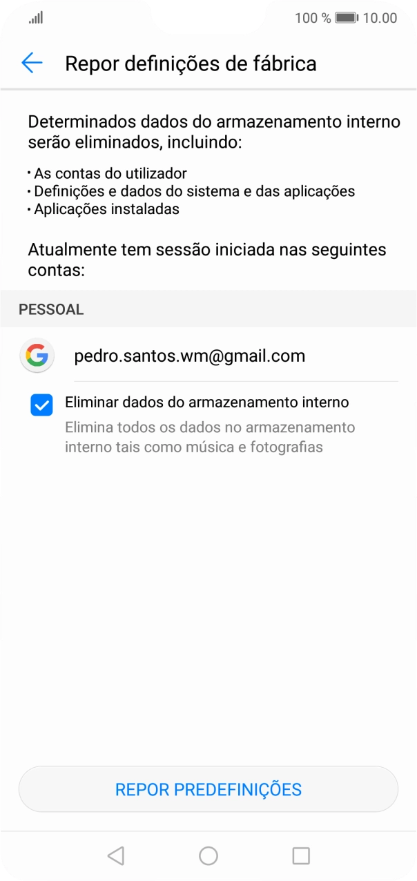 Prima REPOR PREDEFINIÇÕES.