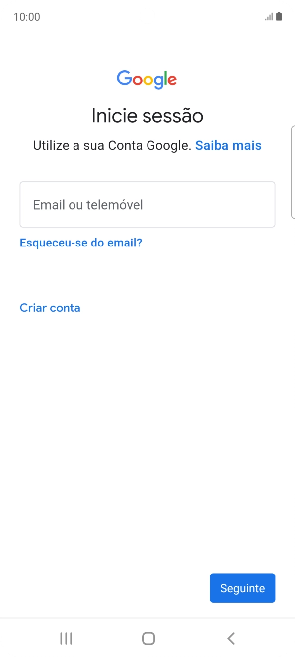 Se não tiver uma conta Google, prima Criar conta e siga as indicações no ecrã para criar uma conta.