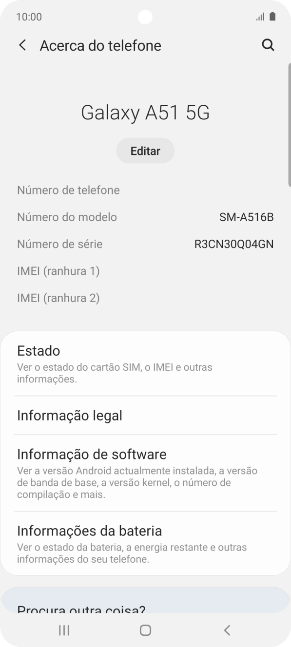 O código IMEI é mostrado no ecrã.