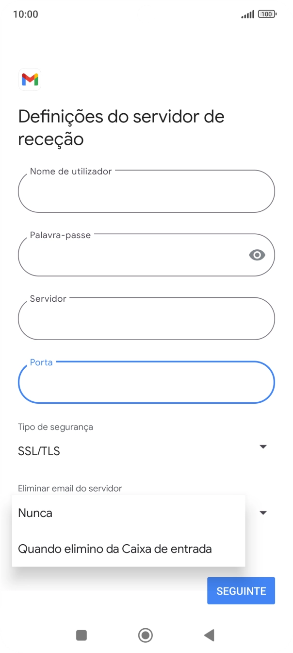 Prima Nunca para manter os e-mails no servidor quando estes são apagados no telefone.