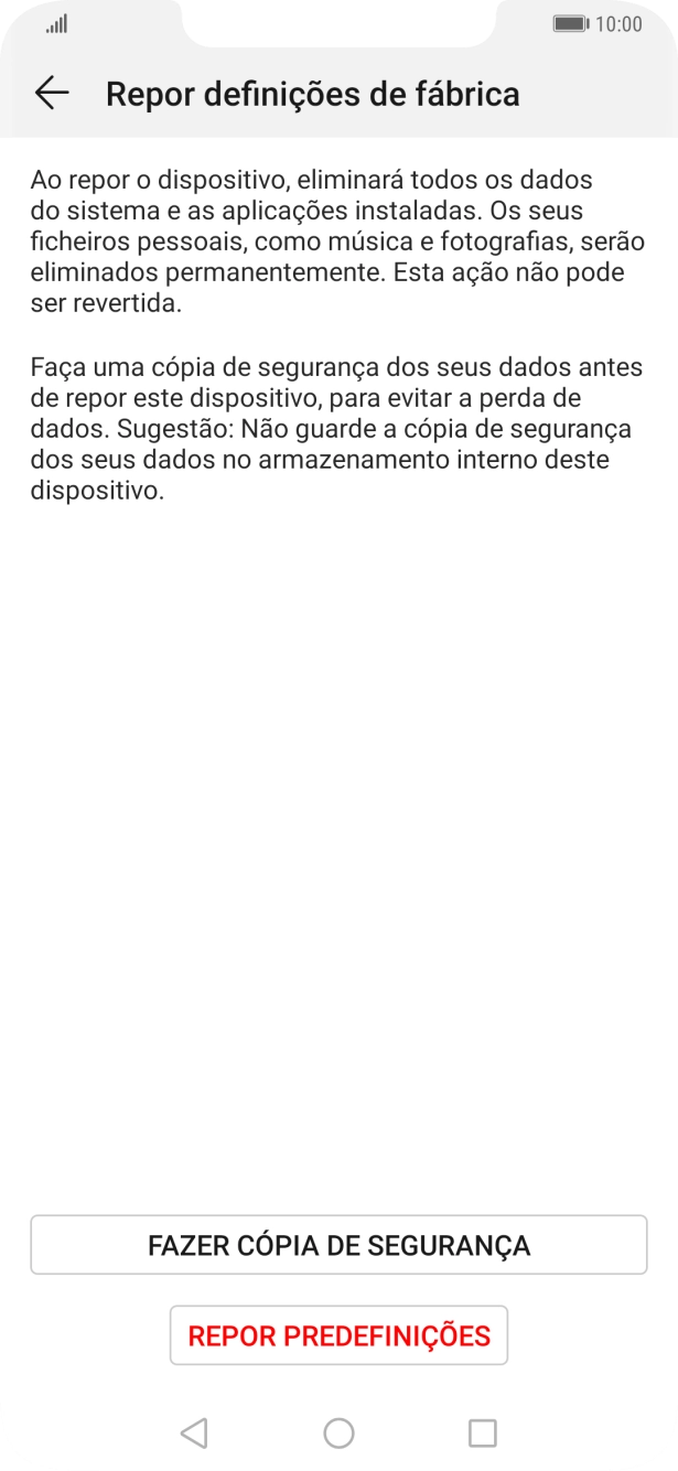 Prima REPOR PREDEFINIÇÕES. Aguarde um momento enquanto o telefone restabelece as definições originais. Siga as indicações no ecrã para configurar o telefone de modo que este fique pronto a ser utilizado.