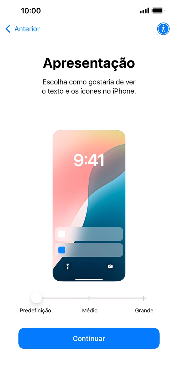 Escolha o tamanho pretendido para o texto e ícones no telefone e prima Continuar.