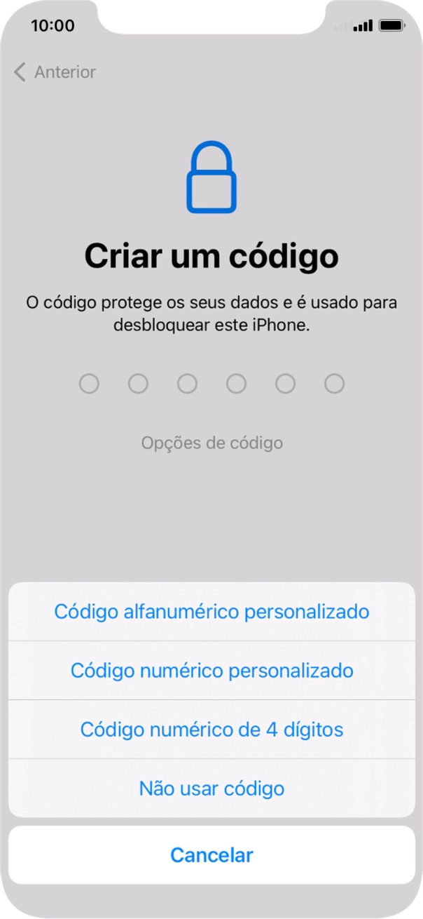 Siga as indicações no ecrã para ativar a utilização do código de bloqueio do telefone ou prima Não usar código.