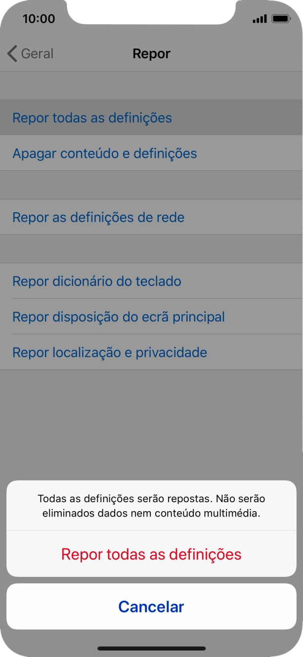 Prima Repor todas as definições.