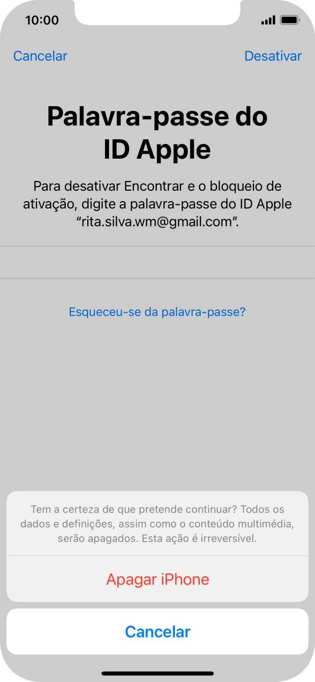 Introduza a password do ID Apple e prima Apagar iPhone. Aguarde um momento enquanto o telefone restabelece as definições originais. Siga as indicações no ecrã para configurar o telefone de modo que este fique pronto a ser utilizado.