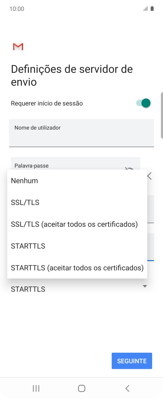 Prima STARTTLS para ativar a função.